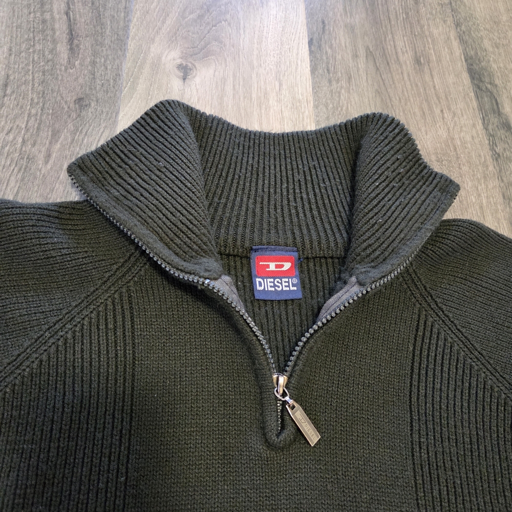 Vintage Diesel Men’s Dark Olive Half Zip Wool Sweater Ribbed Knit Pullover - Picture 4 of 8